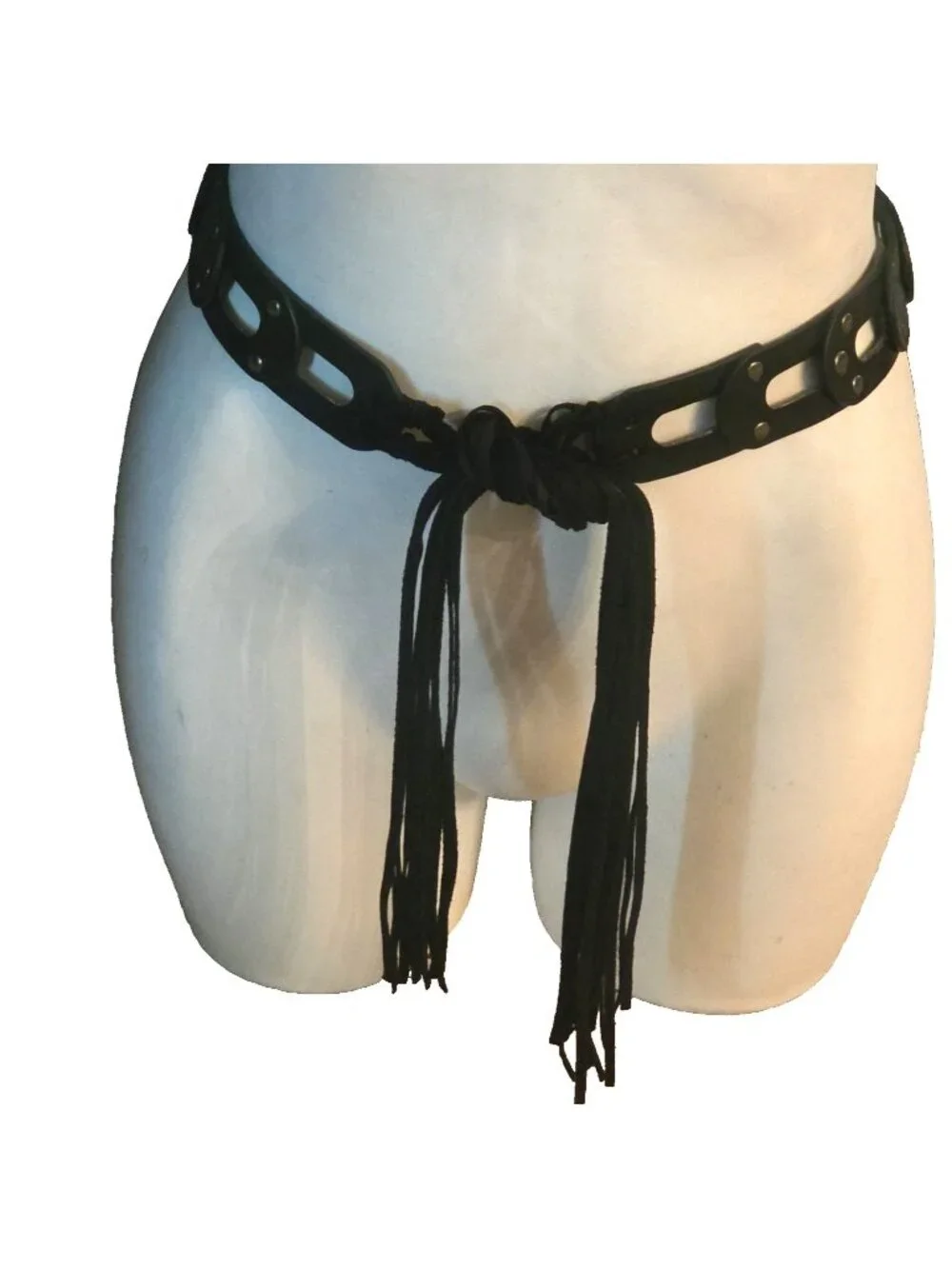 Small/Medium Black Tie Belt Fringe Boho Studded Hipster